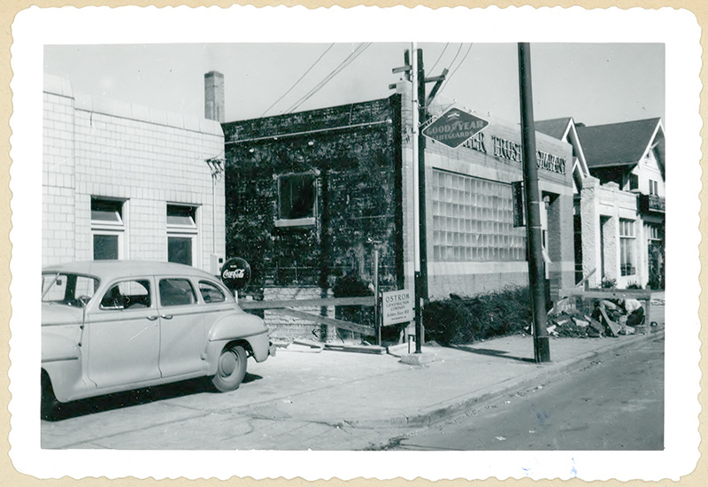 Fletcher Trust remodeling. To the left is the Broad Ripple Shell building. To the right are homes on Broad Ripple Avenue that were converted to businesses. In 1949 it was Broad Ripple Beauty Salon and Dependable Cleaners