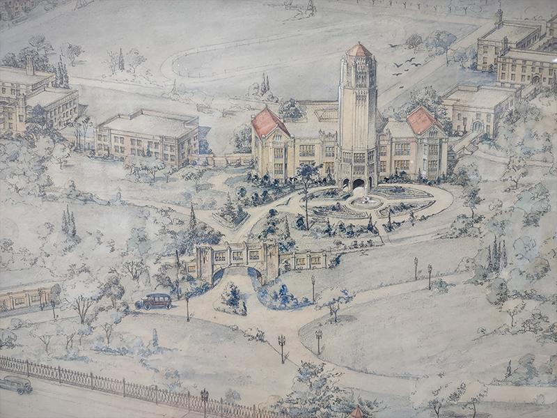 A rendering of the original proposed (and above-mentioned unfinished campus features) from the 1920s. It shows the tower and the 